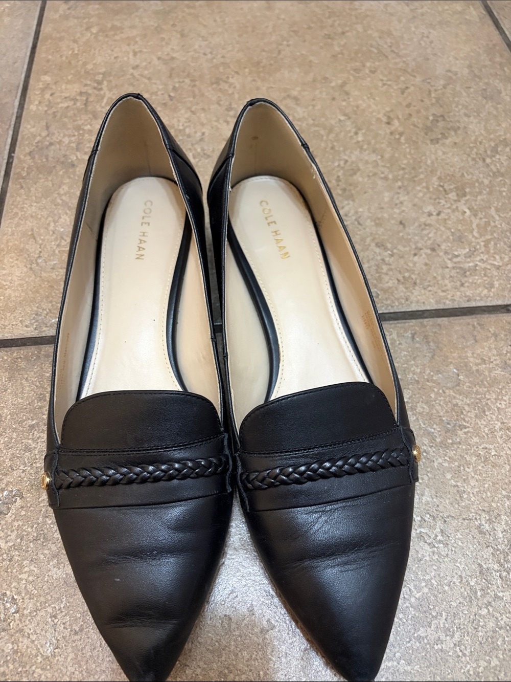Cole Haan Black Braided Pointed-Toe Leather Flats